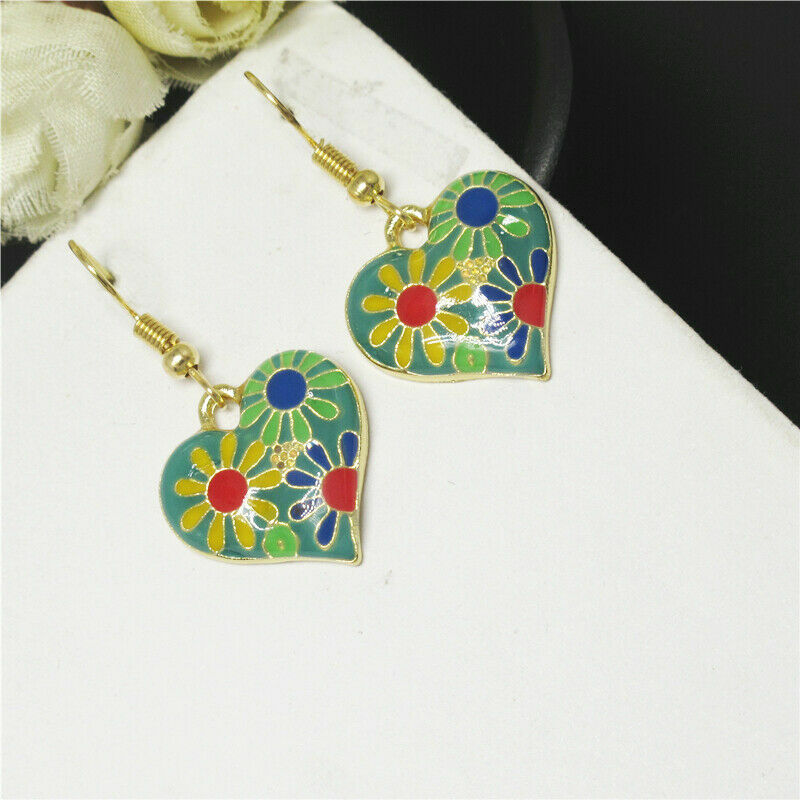 Cute Gold Green Multicolor Enamel Flower Heart Charm Hook Dangle Drop Earrings