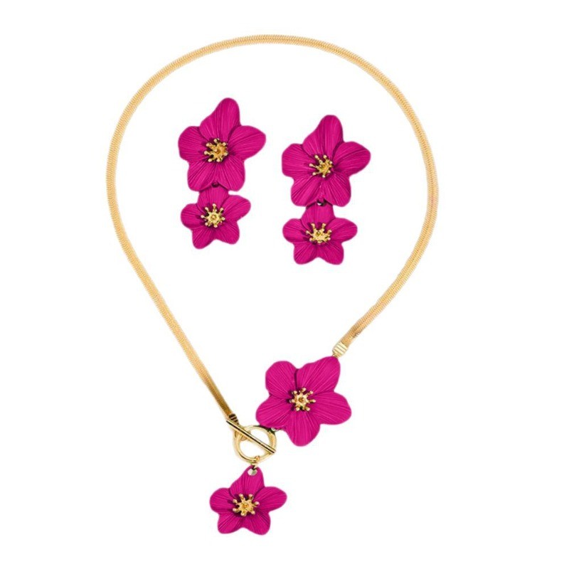 Women’s Rose Red Elegant Flower Pendant Necklace Earrings Jewelry Set Alloy