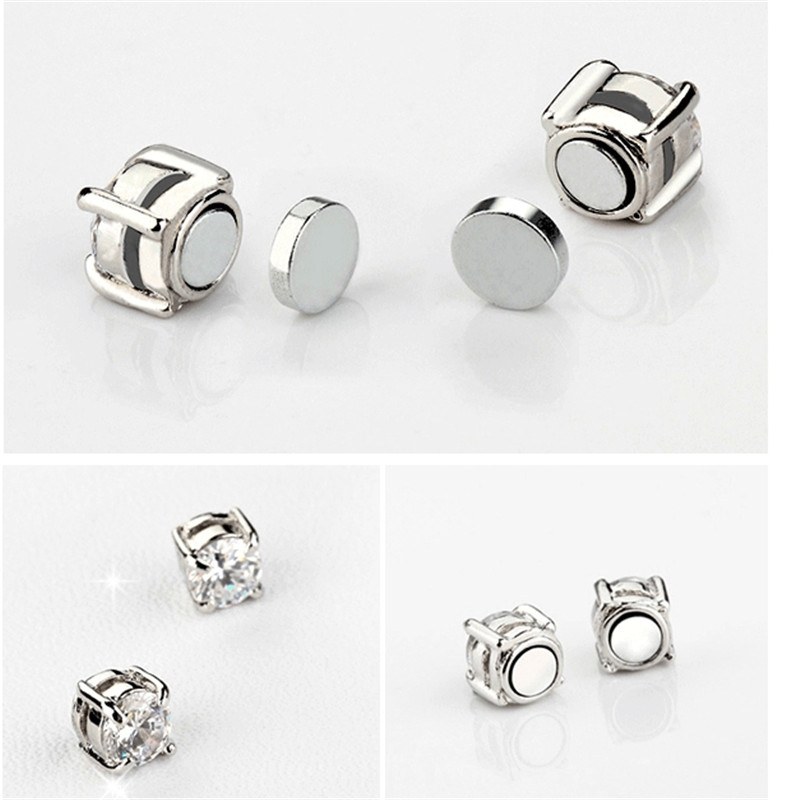 Magnetic Cubic Zirconia Stainless Steel Stud Earrings Mens Womens Non-Piercing