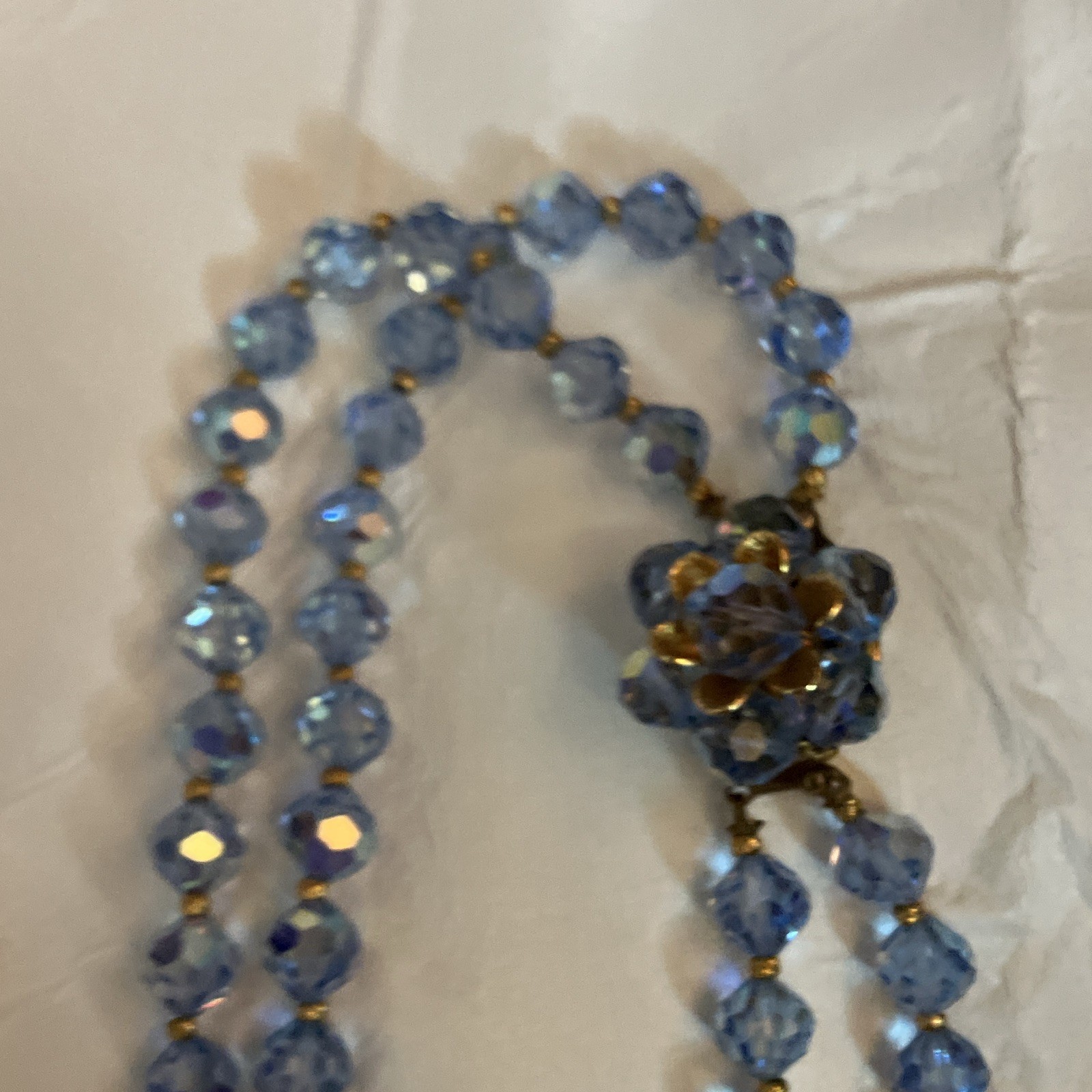 22”Double Strand Faceted Blue Crystal Beaded Necklace w/ Gold-Tone Spacers