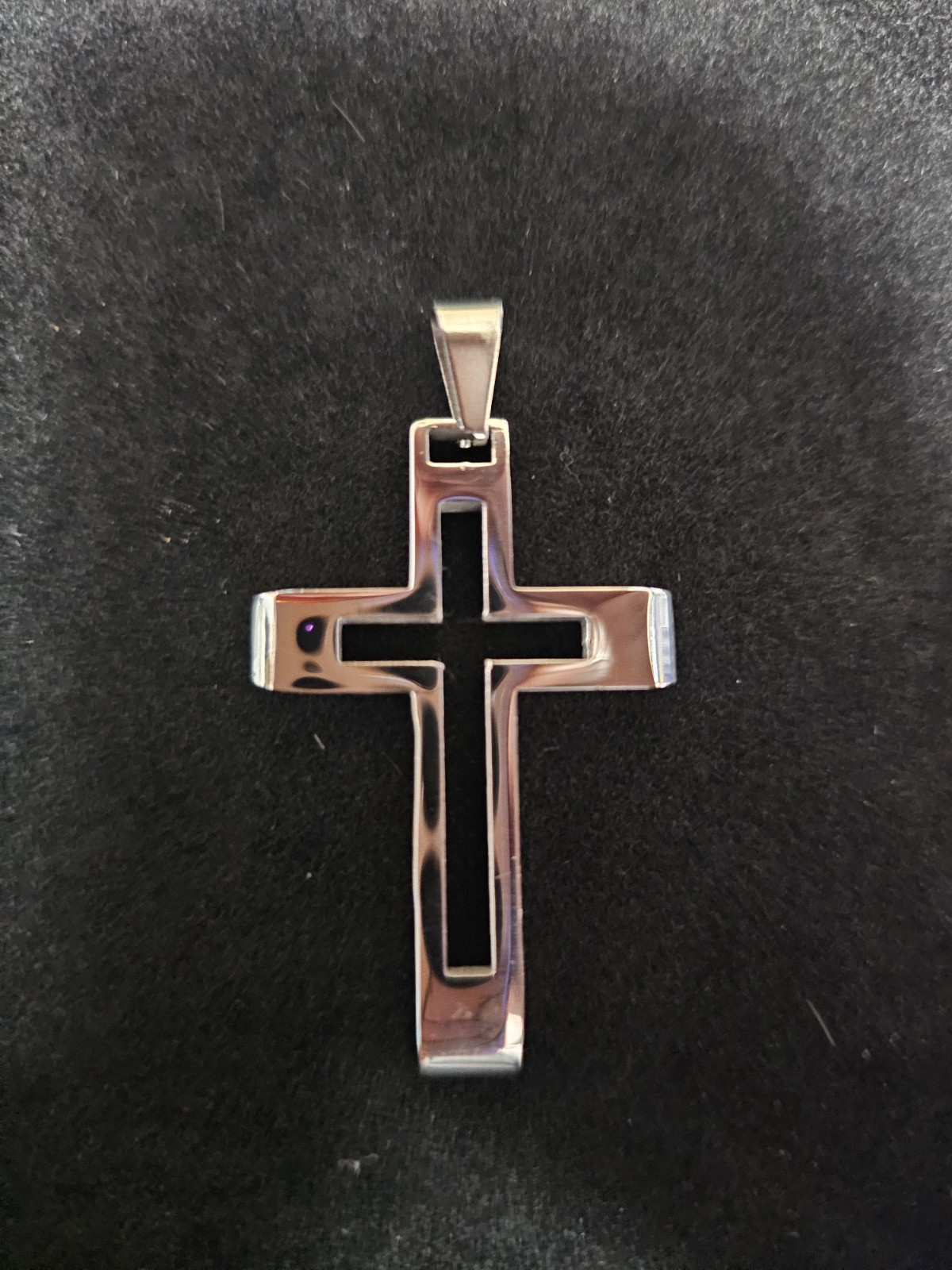 Silver Tone Religious Cross Charm Pendant Metal No Stone Black Inlay