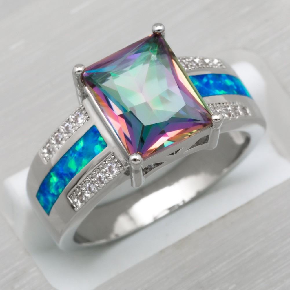 8×10 Rectangle Mystic Topaz Blue Fire Opal Silver Jewelry Women Ring SZ 7 8 9