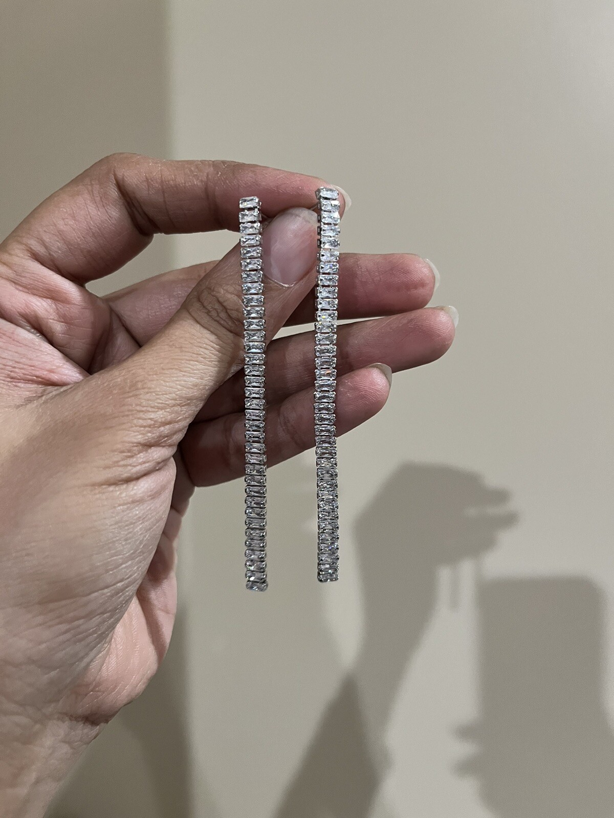 Very Long Silver Earrings Clear White Crystal Extra Long Earrings Rhinestone