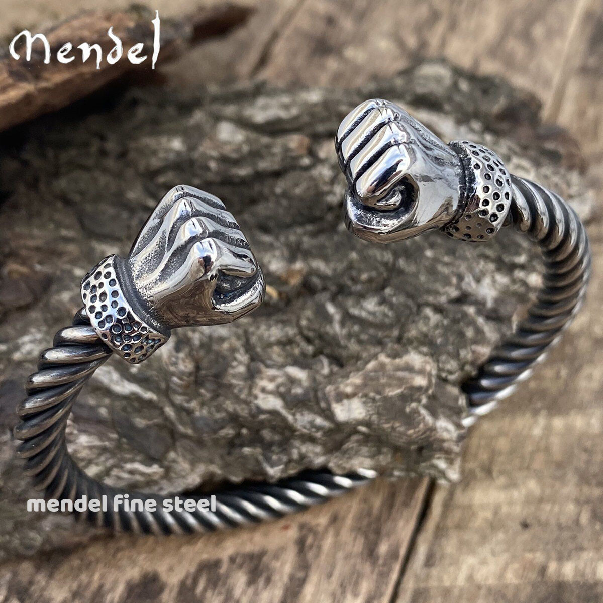 MENDEL 8 Inch Mens Stainless Steel Viking Hand Fist Cuff Bangle Bracelet For Men