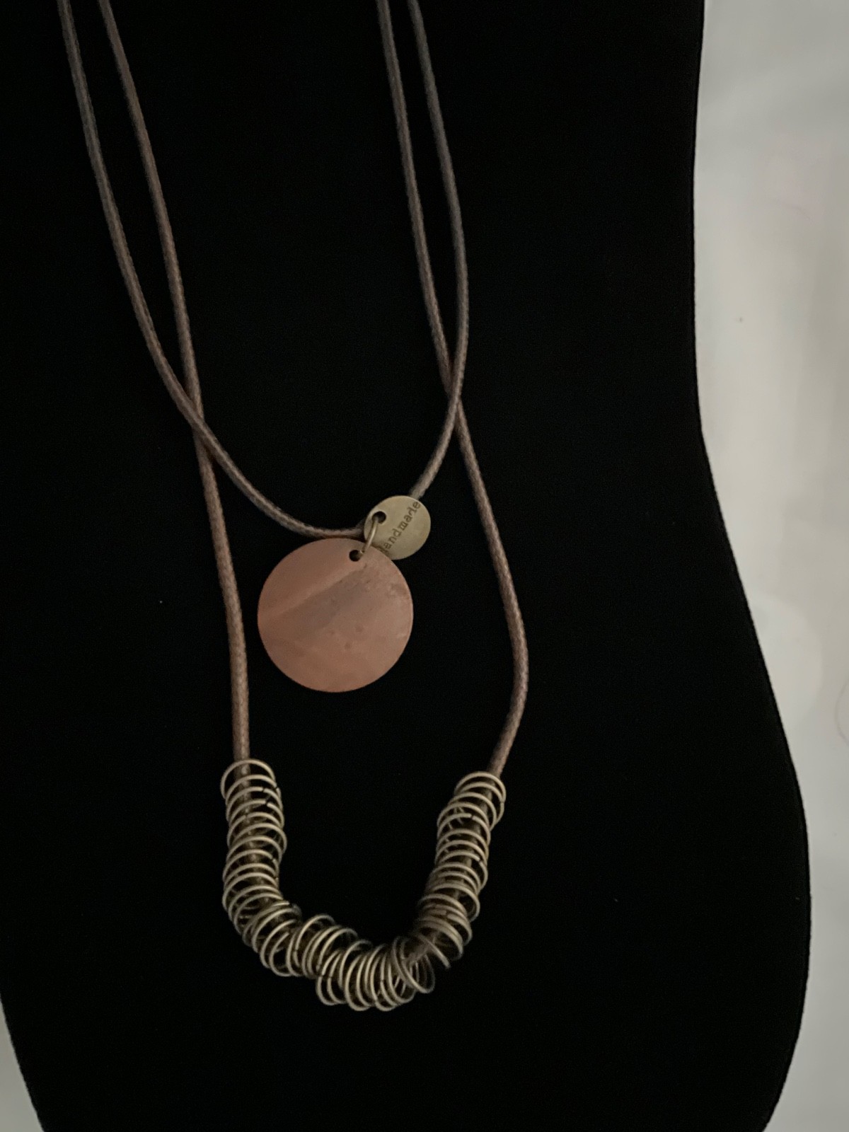 Boho Layered Cord Necklace – Bronze Rings & Disc Pendant, 17″
