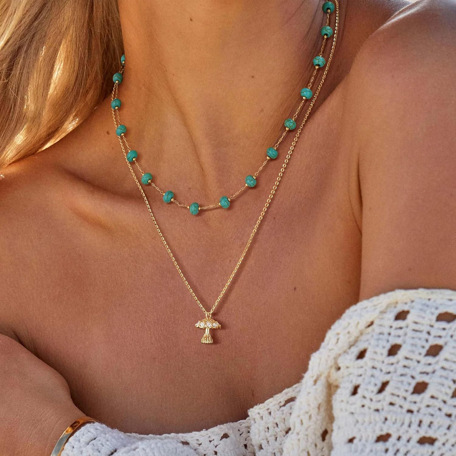 Created Turquoise Necklace for Women 14K Gold Plated Beaded Heart Choker Boho Ne