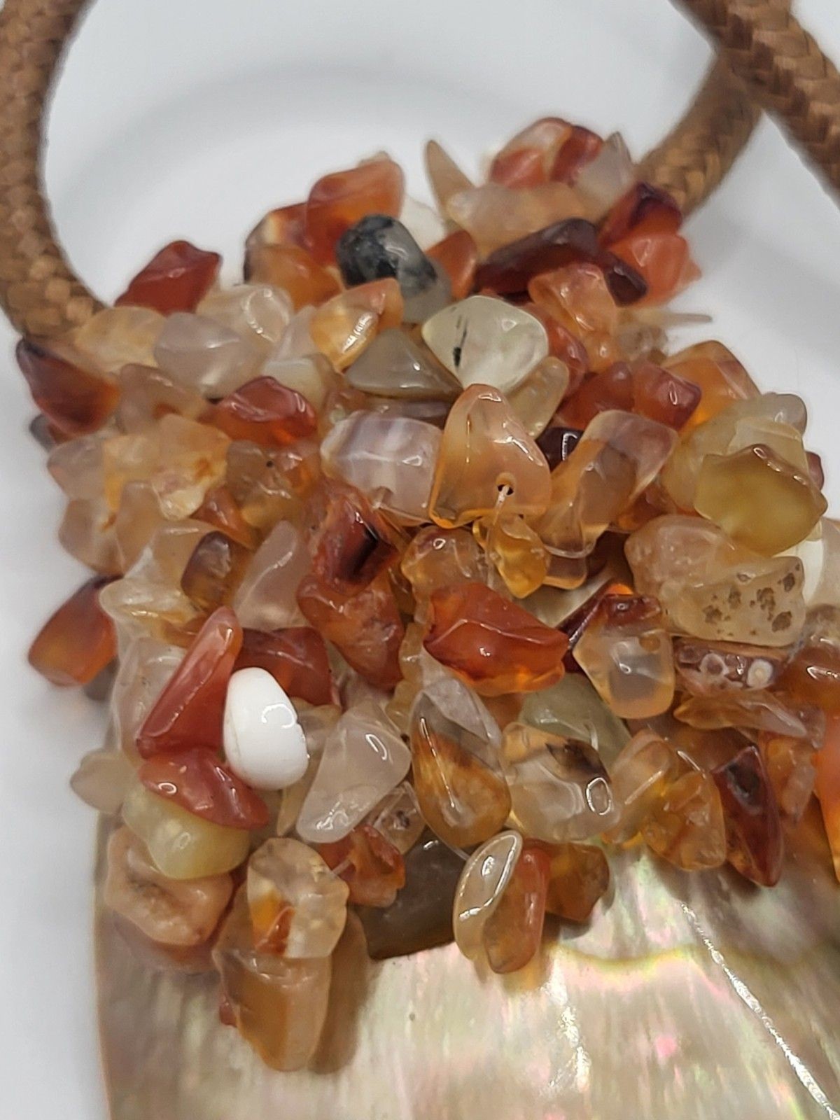 Artisan Iridescent Large Abalone Shell Pendant Corded Necklace Gemstone Chips