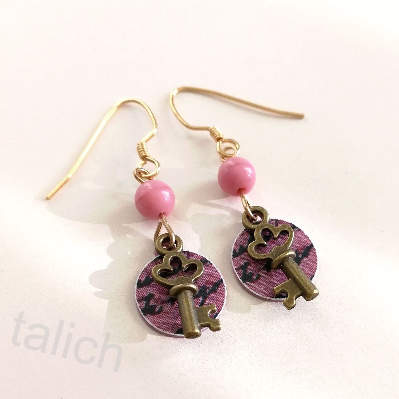 Lemon Tree Earrings Small Script Print Disc with Brass Key Charm Handmade Unique