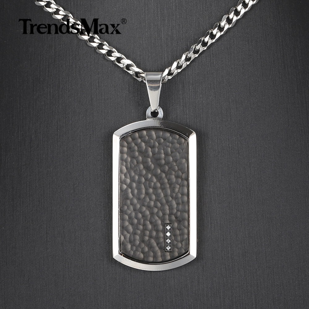 Stainless Steel Dog Tag Pendant Necklace 18-30″ Silver Curb Chain Clear CZ Charm
