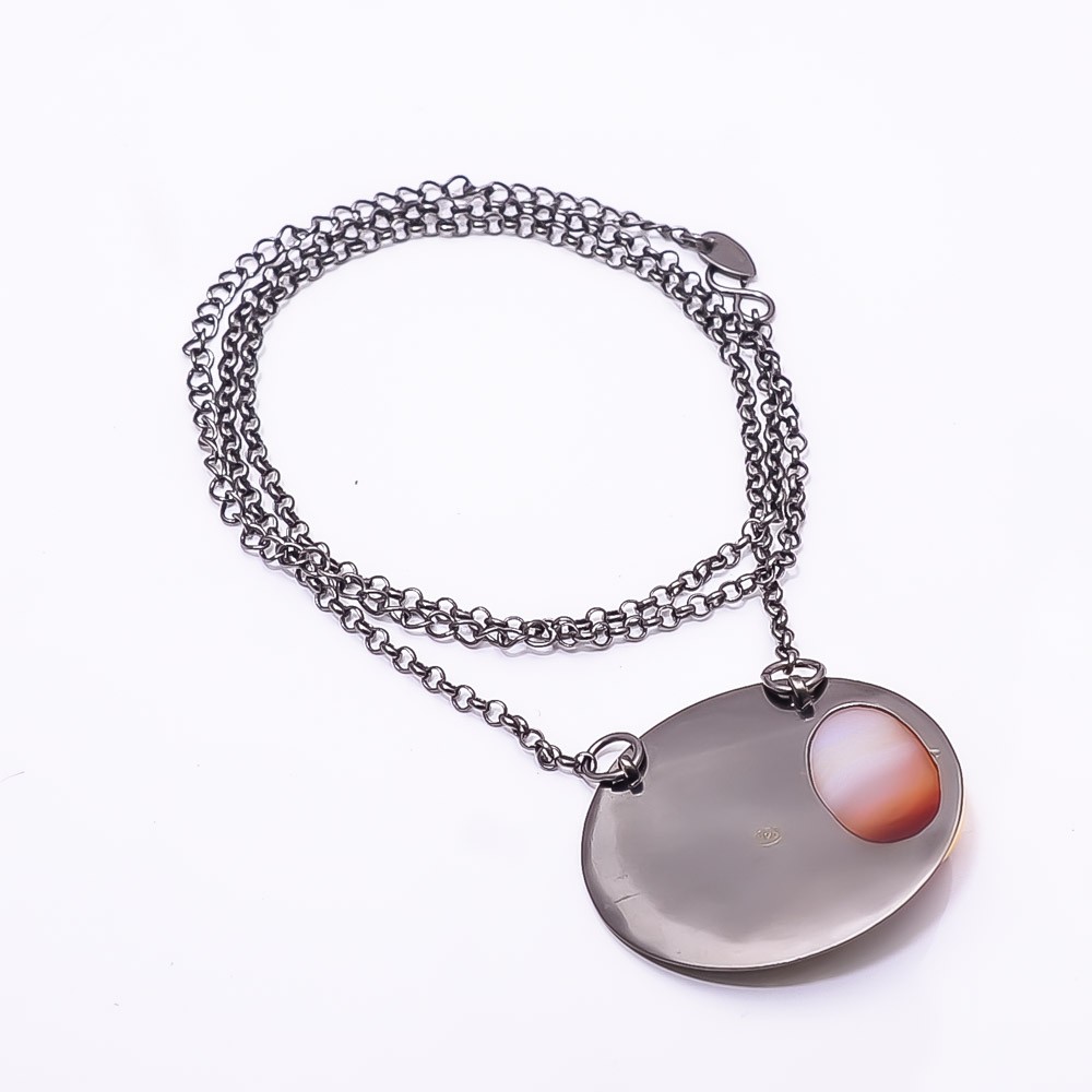 Banded Carnelian Black And Gemstone Gold Rhodium 925 Silver Necklace 19.99″ N35