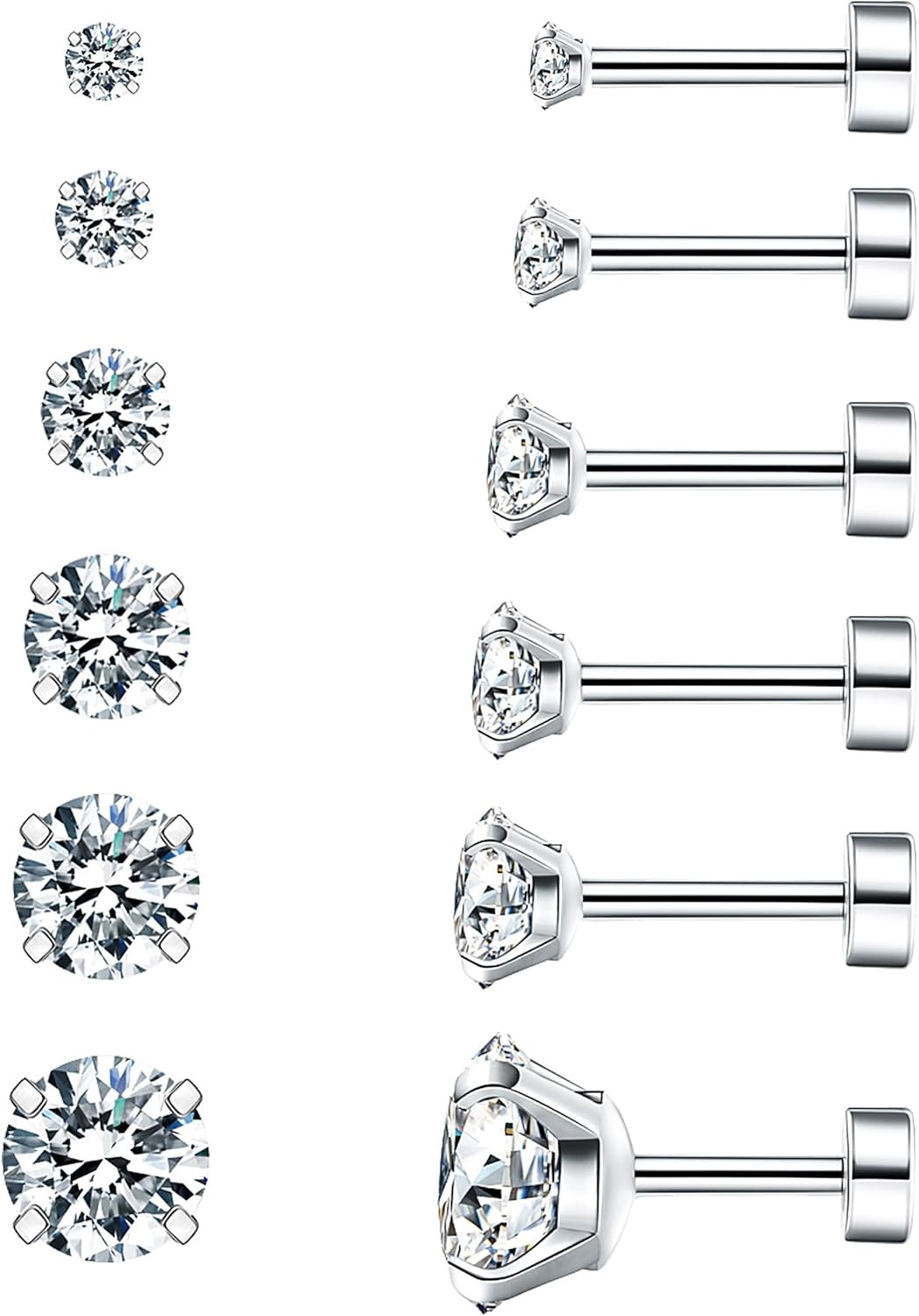 6 Pairs Hypoallergenic Cubic Zirconia Earrings Surgical Steel Flat Back Studs fo