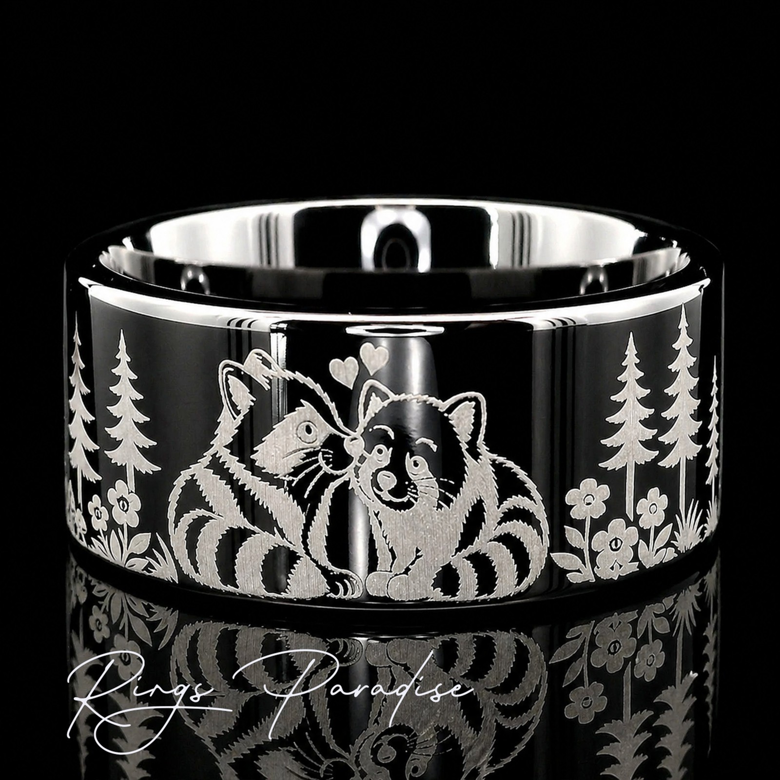 Raccoon and Red Panda Engraved Ring – Forest Animal Design – 8mm, 10mm,12mm