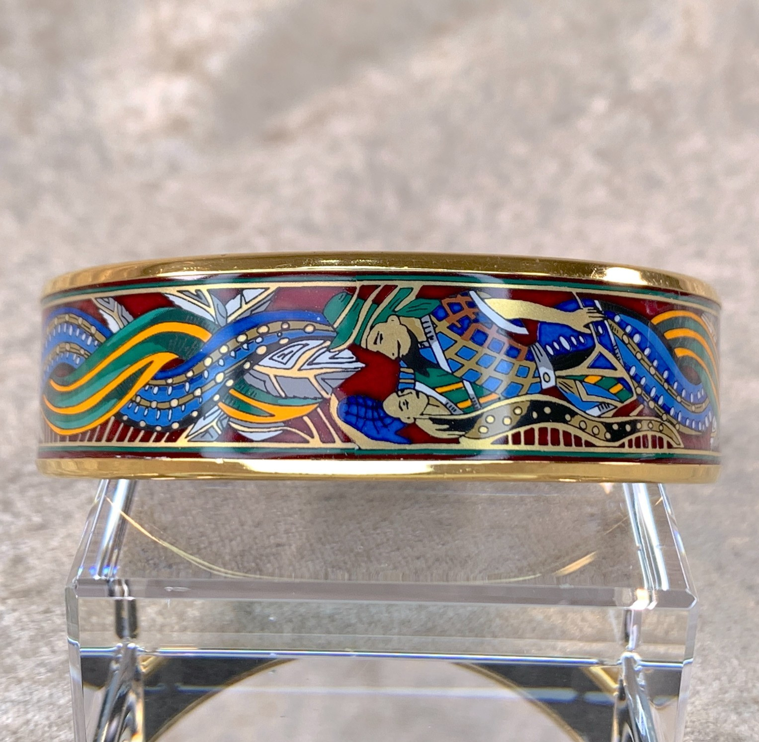 Vintage Hermes Bangle Bracelet Red Green Blue Enamel Mermaid Ladies Gold Rim 65