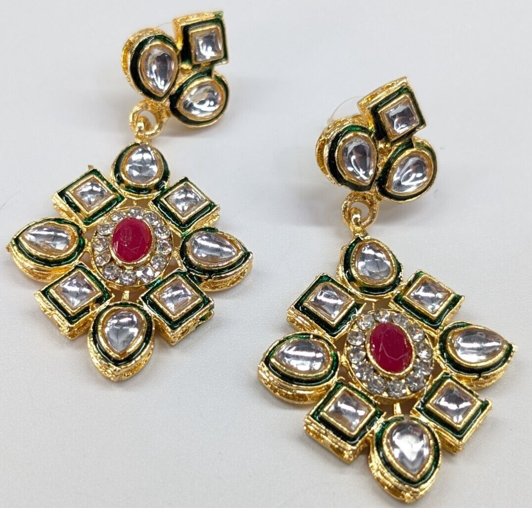Bollywood India Wedding Gold Tone Clear Pink Rhinestone Pierced Earrings Chunky