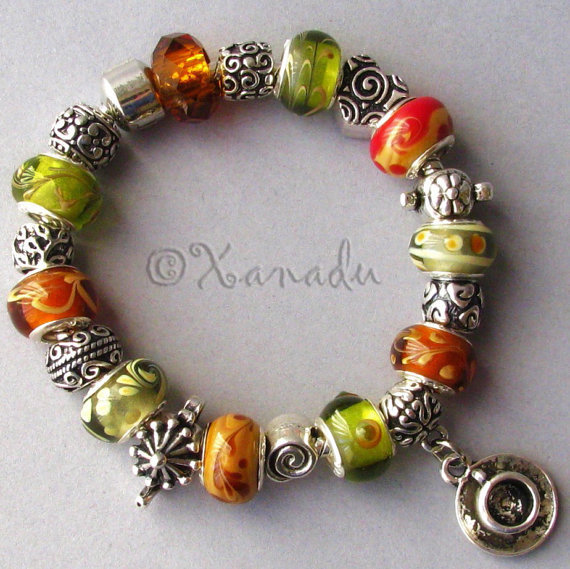 Tea Time European Charm Bracelet – Brown Green Lampwork Glass Bead w Tea Charms