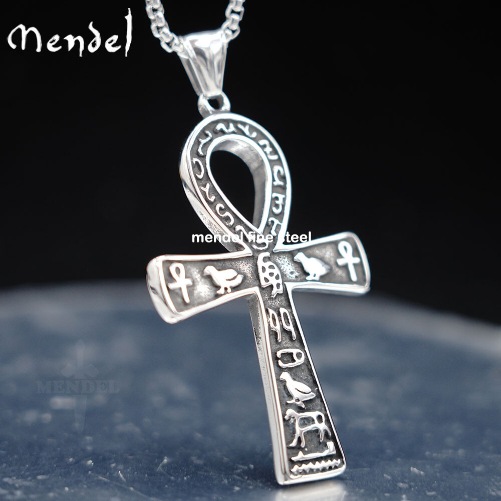 MENDEL Mens Ancient Egyptian Ankh Cross Pendant Necklace Stainless Steel Chain