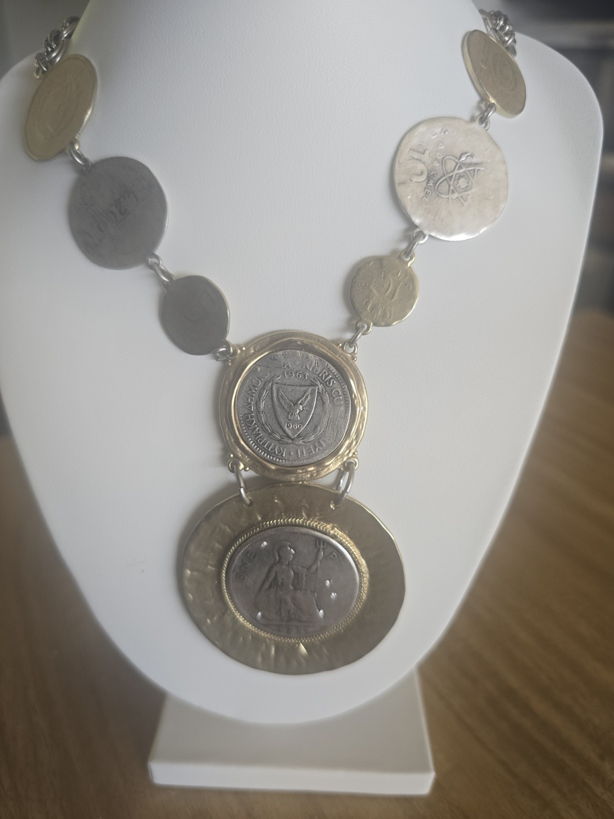 Chico’s Long Mixed Metal Necklace Silver Gold Tone Coin Medallion Stations