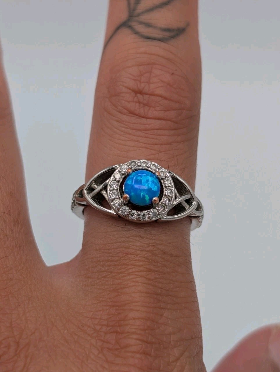 Synthetic Opal Cabochon CZ Halo Ring Trinity Celtic Band Silver Toned Plated