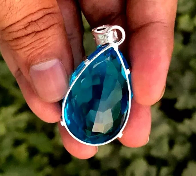 Natural 60.20 Ct Brazilian Pear Cut Blue Topaz Pendant 925 Silver Gemstone