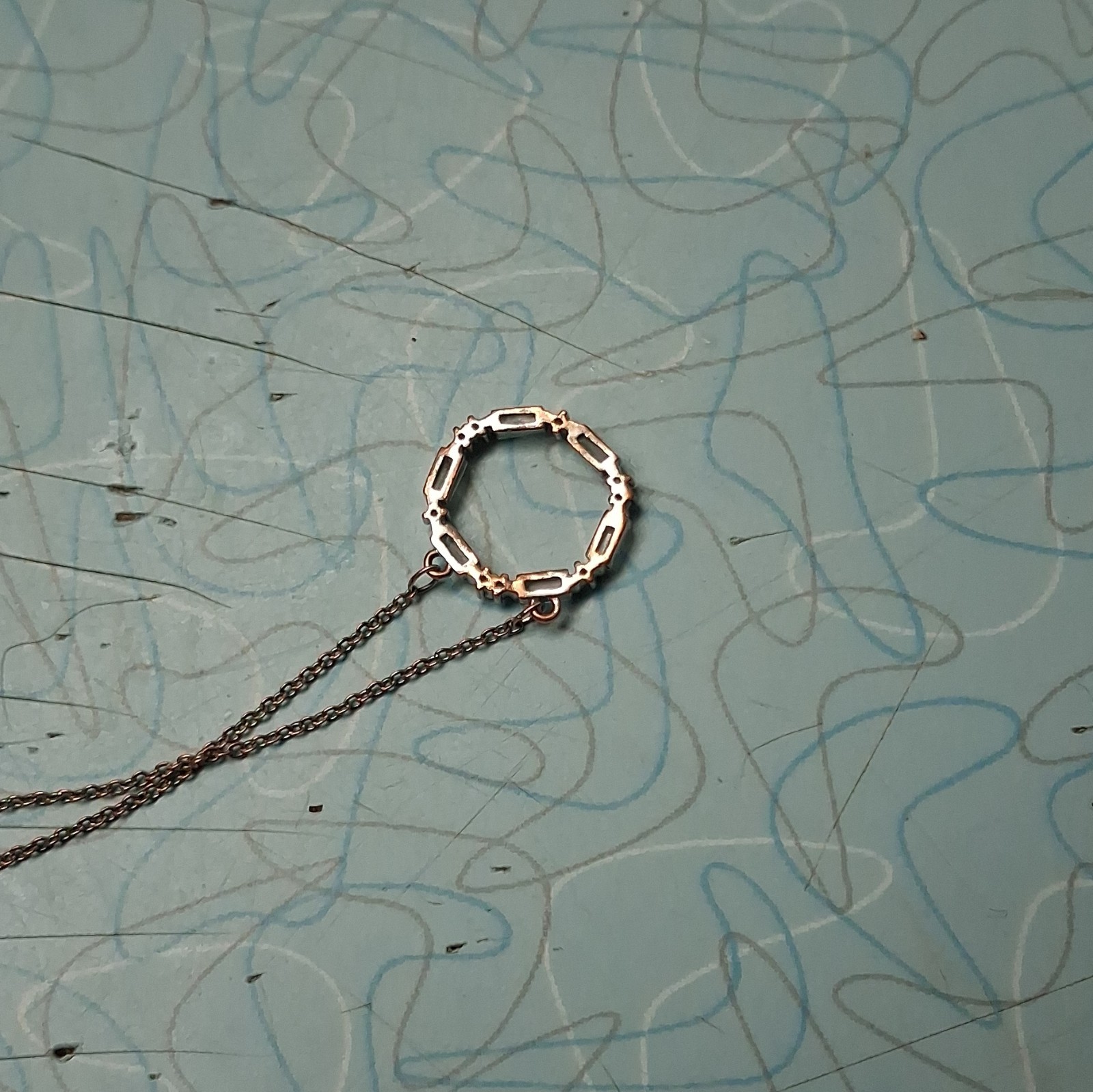 Silver Tone Cable Chain Necklace Round Pendant Baguette-Cut Clear Crystals