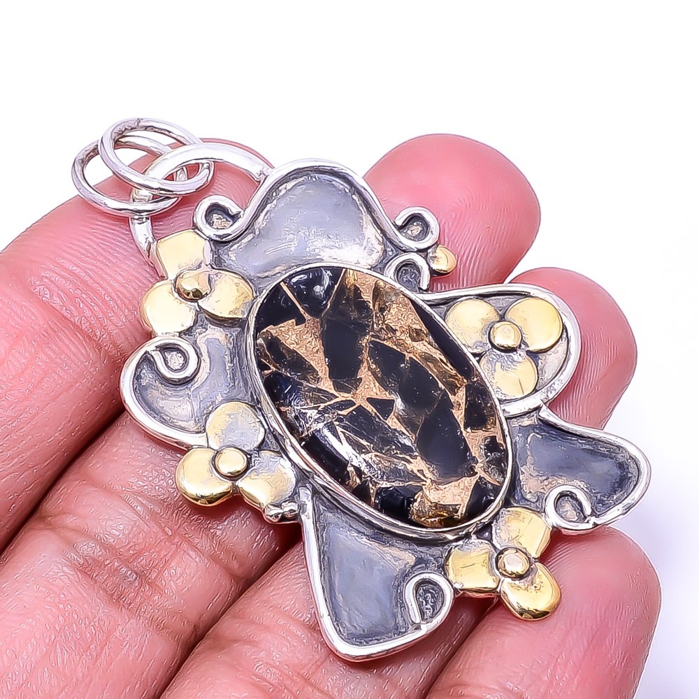 Copper Black Obsidian Oxidised Two Tone 925 Sterling Silver Pendant 2.15″ P25