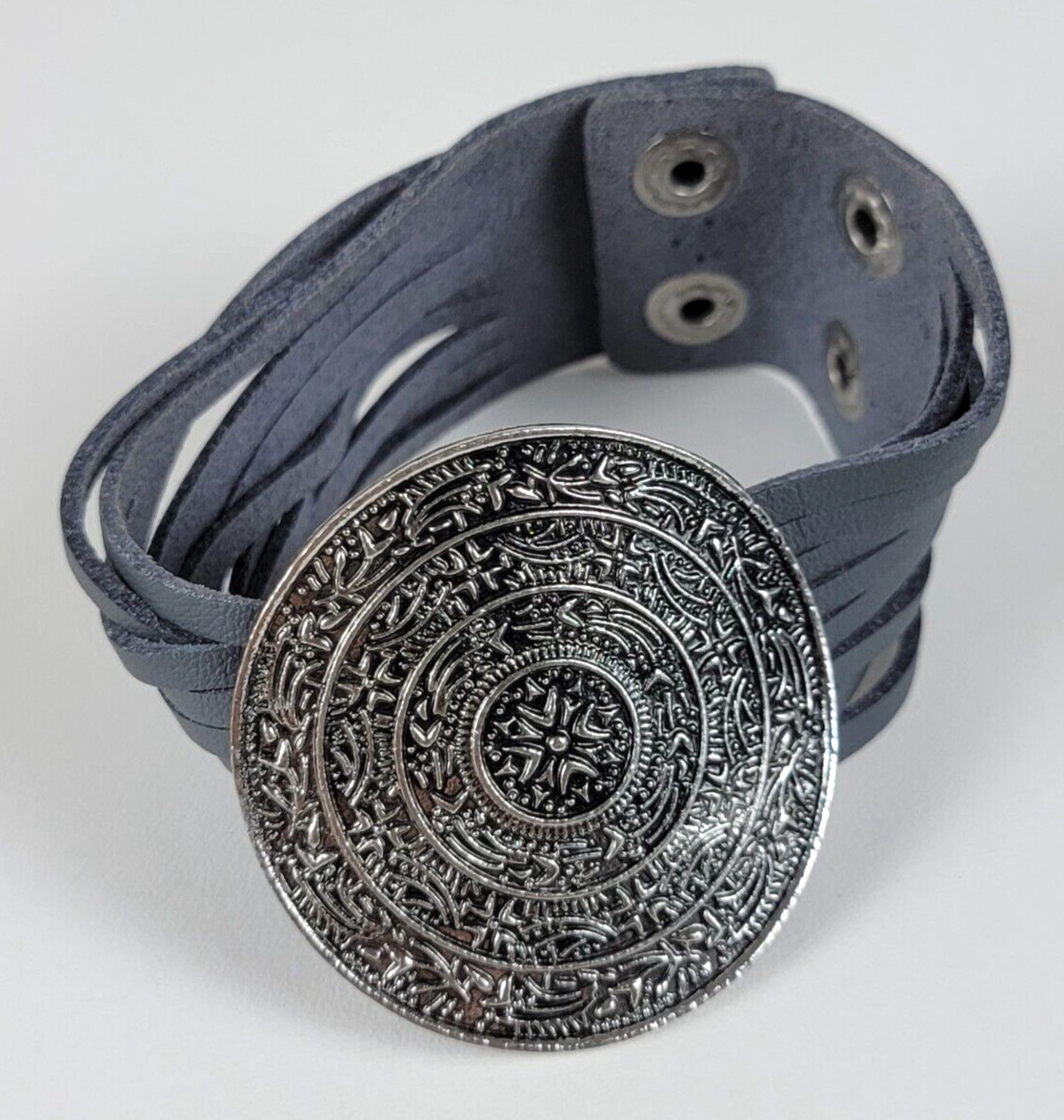 Gunmetal Tone Medallion Charm Gray Leather Cuff Bracelet 7.5-8.5 In