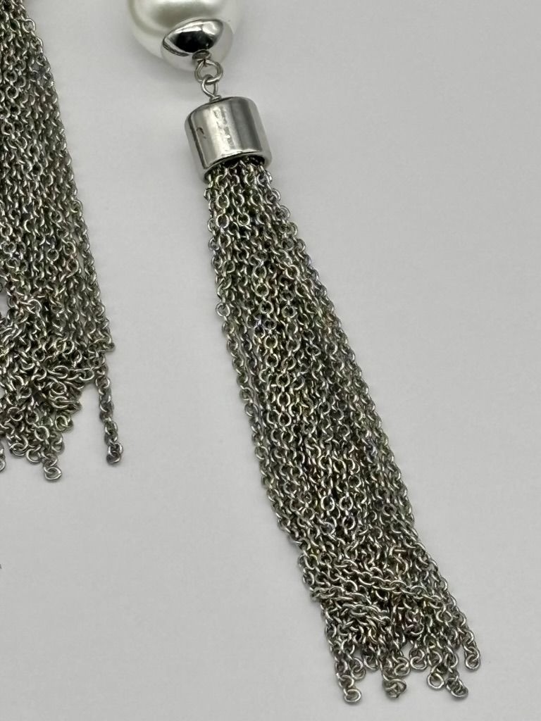 White House Black Market Silver-Tone Links W/Black Ribbon Double Tassel Necklace