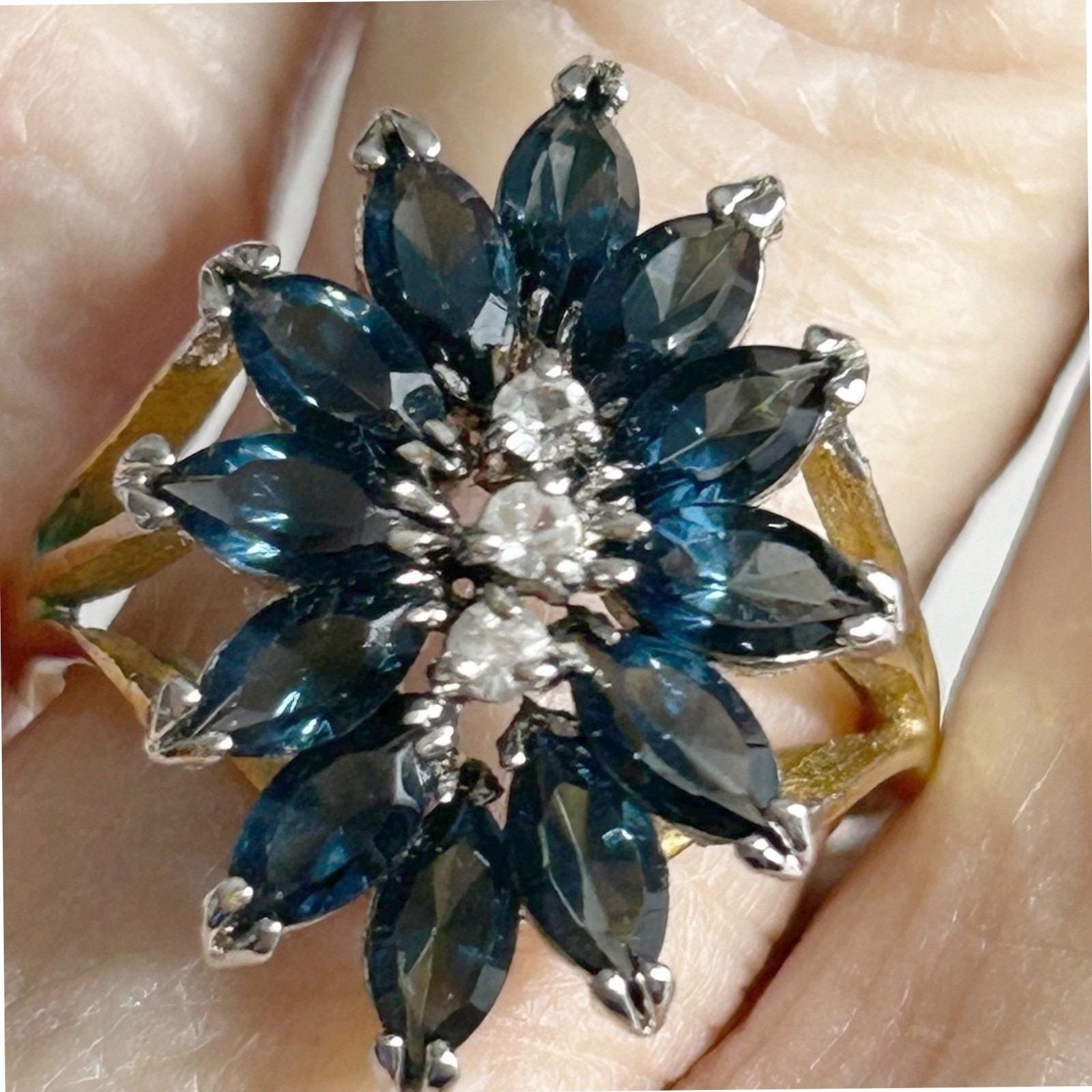 Vintage Cocktail Ring Womens 7.25 Gold Tone Blue Glass Floral Cluster Statement