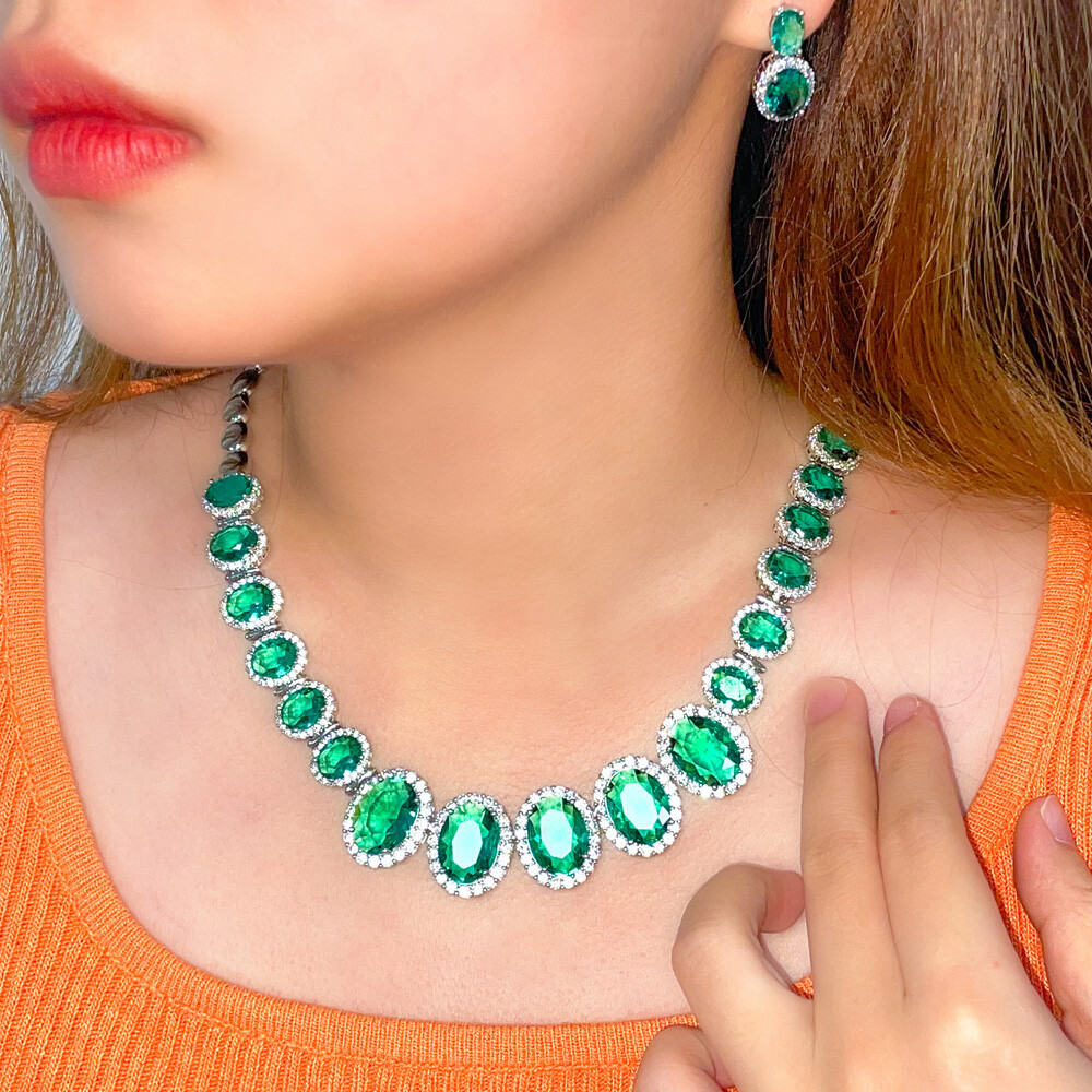 Gorgeous Big Green Oval Necklace Earrings Silver Plated Zircon Women Jewelry Set