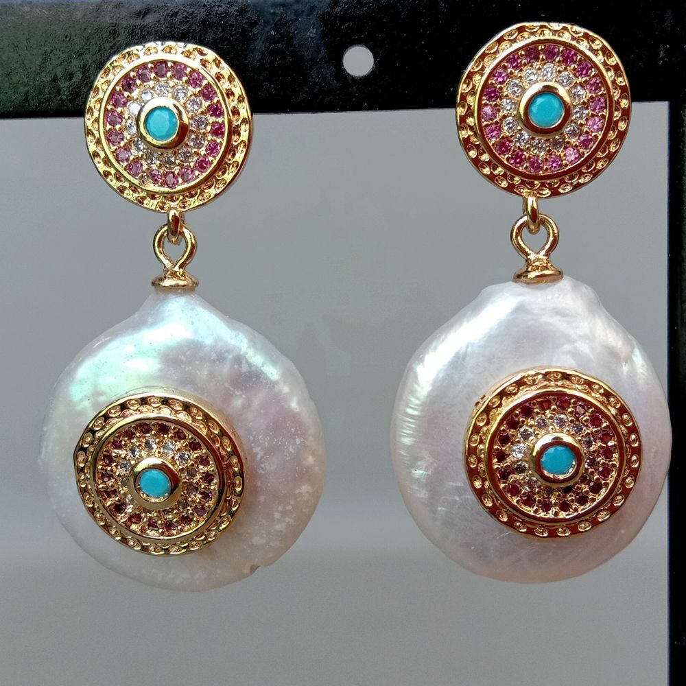 Freshwater White Coin Pearl Cz pave Stud Earrings