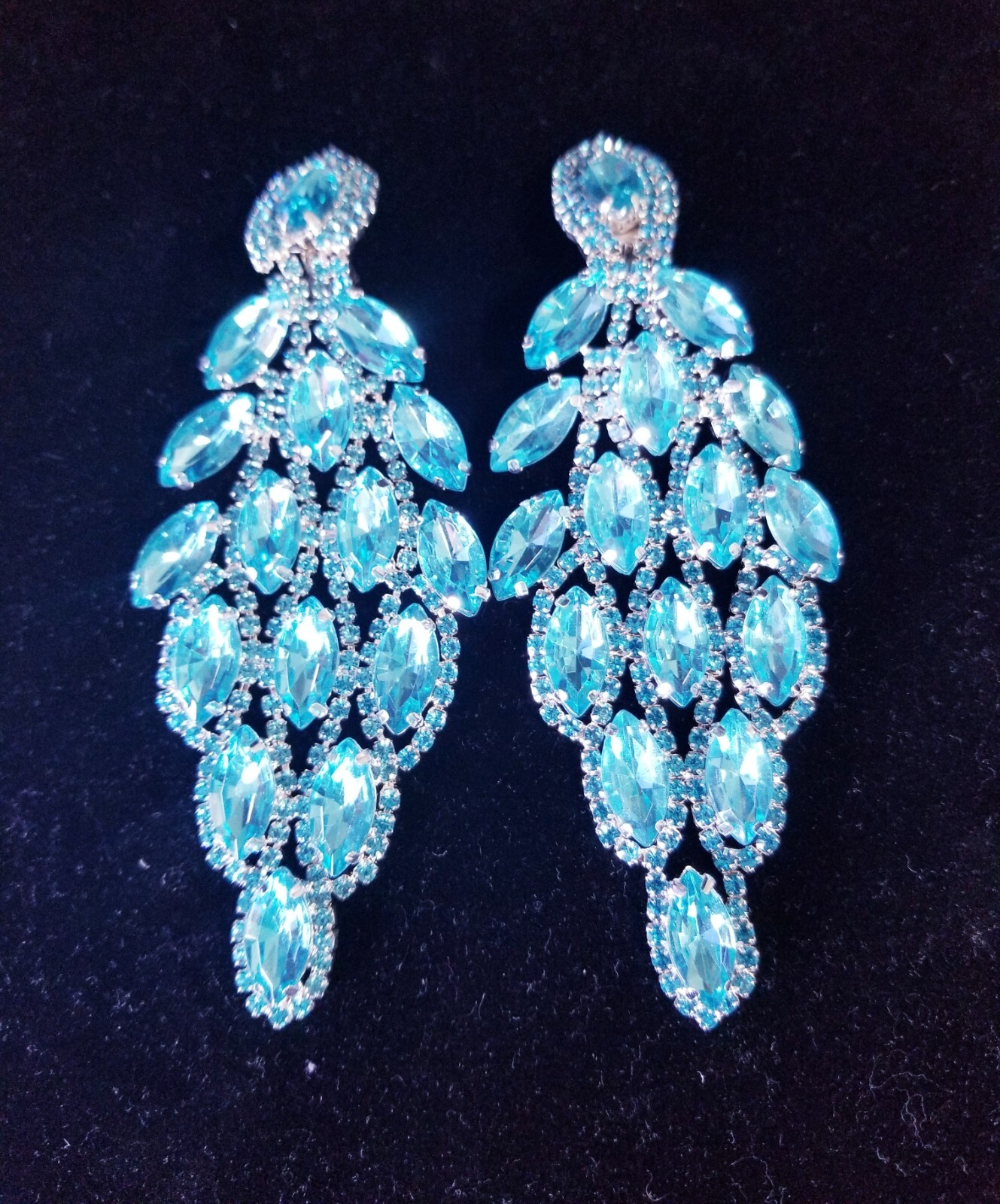 PIERCED Drop Dangle Chandelier Earrings 5.4 inch Aqua Rhinestone Pageant Prom
