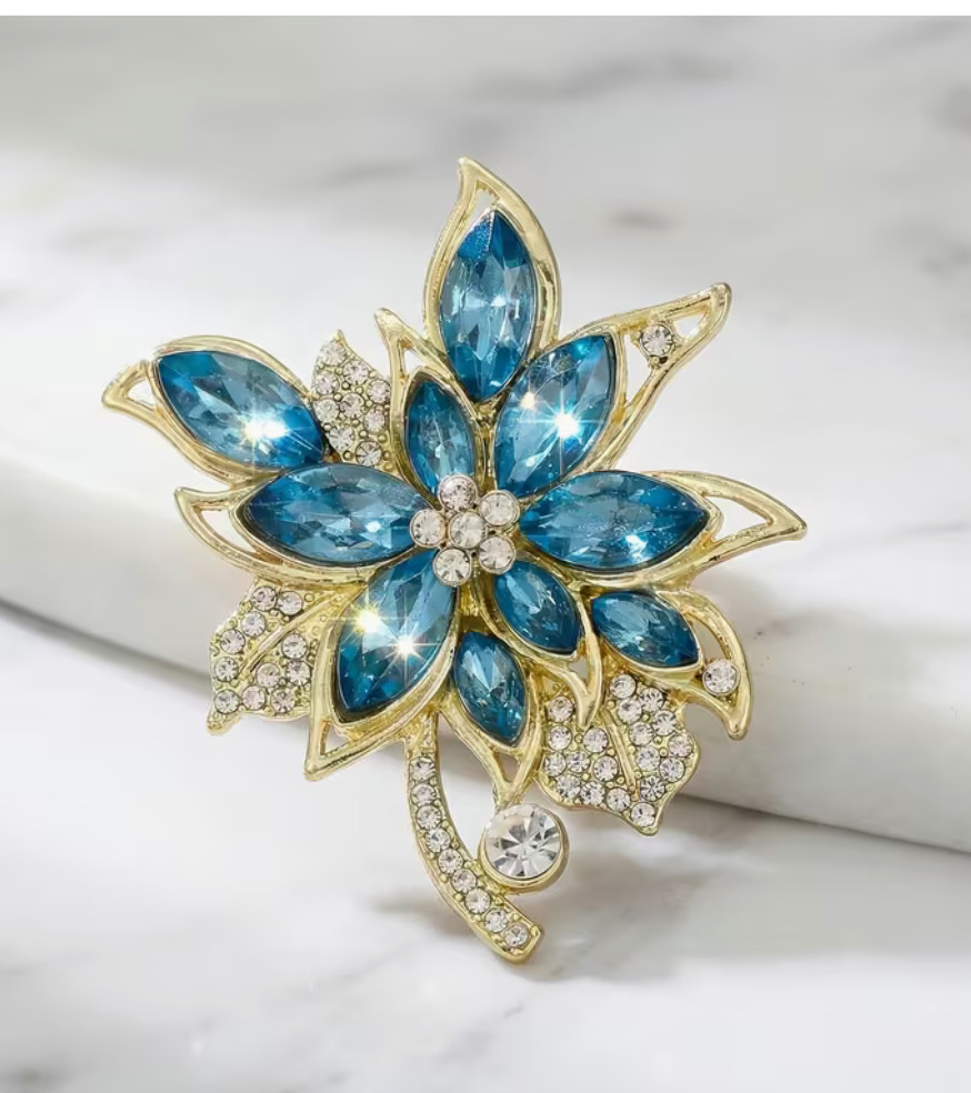 Sparkling Blue Petal Flower Brooch Pin Gold Alloy Rhinestone Crystal Accessory