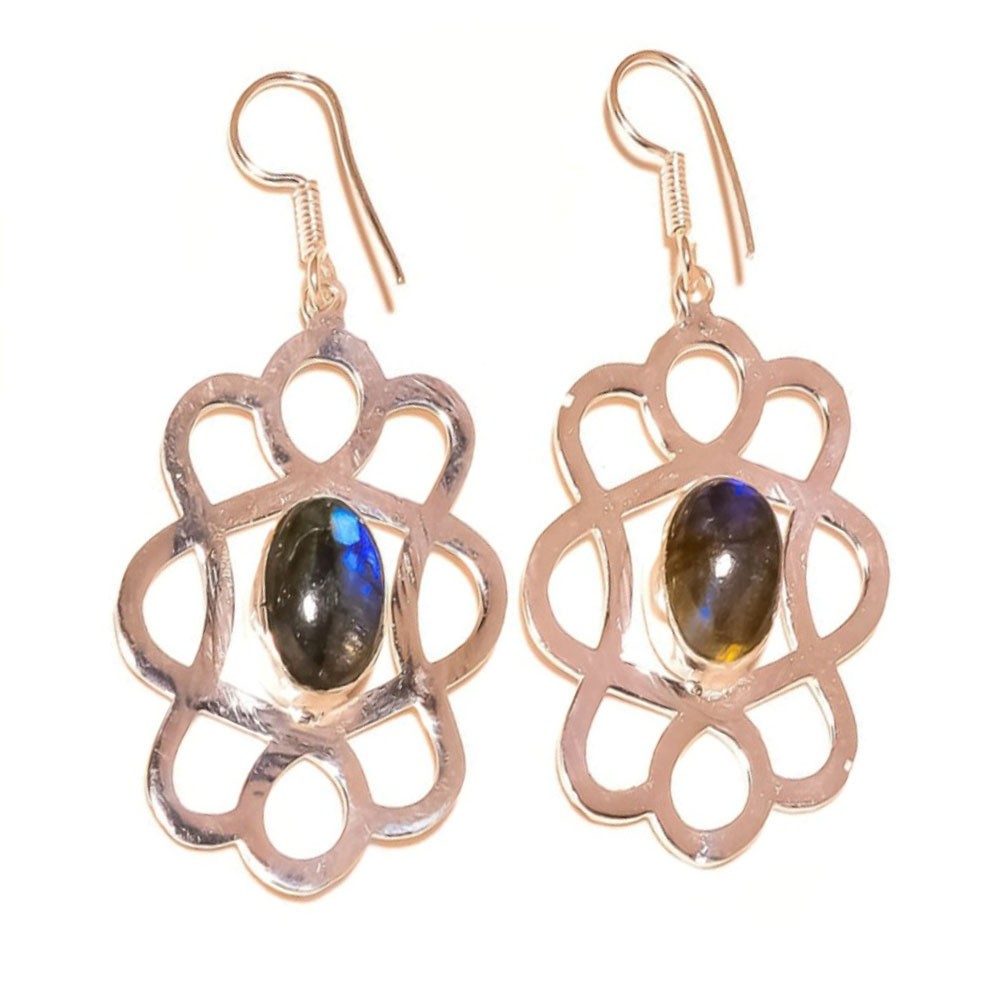 Natural Blue Flash Labradorite Gemstone 925 Silver Handmade Drop Dangle Earrings