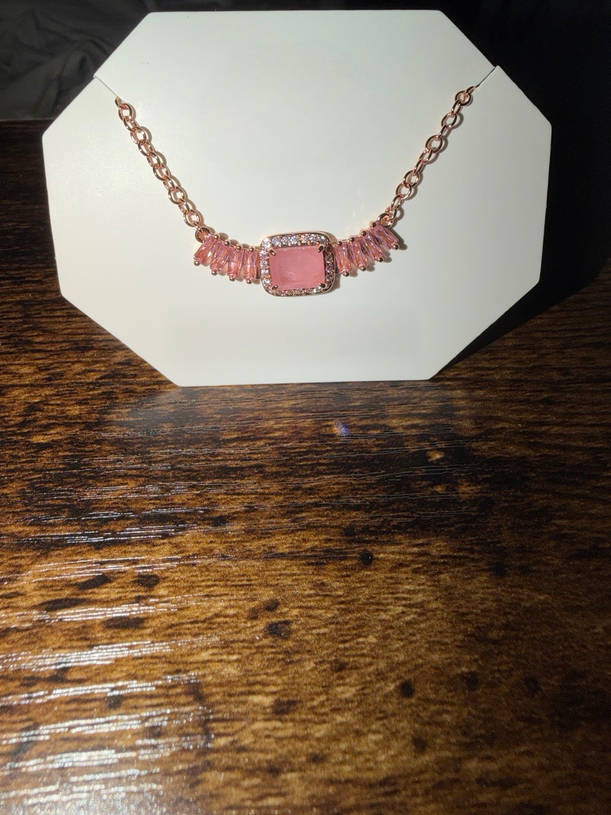 Rose Gold Plated Pink Rose Quartz & Quartz Rectangle Necklace 18″+2.5″ Extender