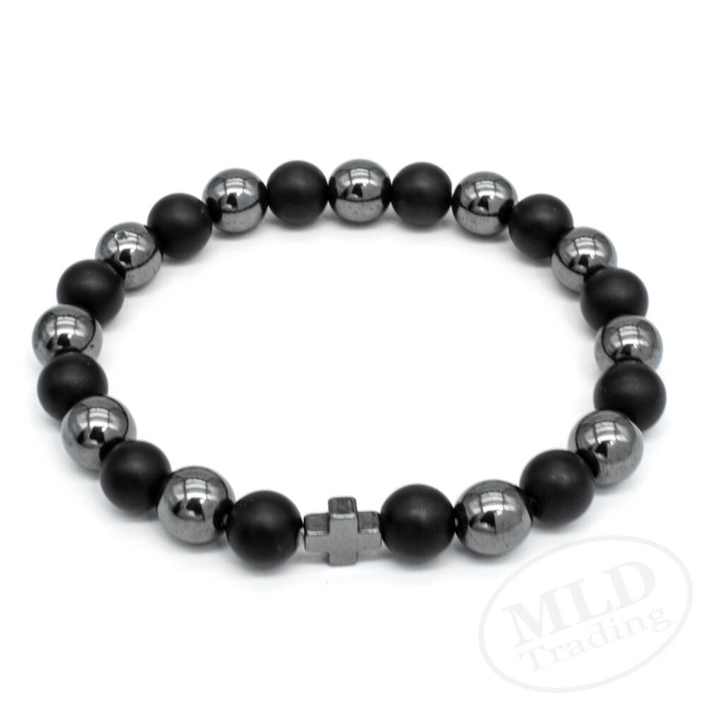 Black Hematite & Natural Stone Beads Cross Bracelet, Elastic Cord, 7 Inches
