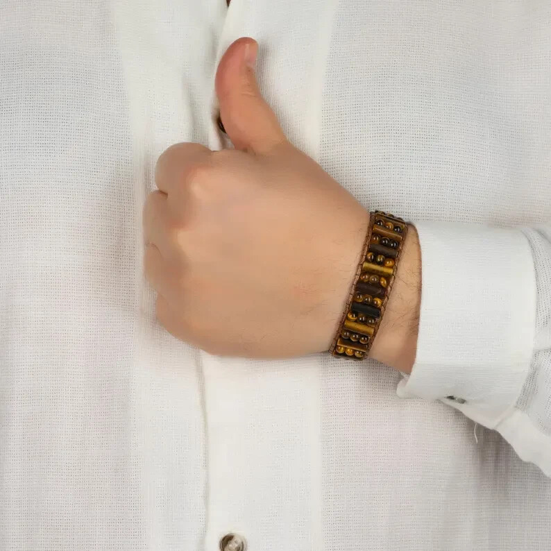Natural Tiger Eye Braided Healing Chakra Handmade Crystal Men’s Bracelet Gift