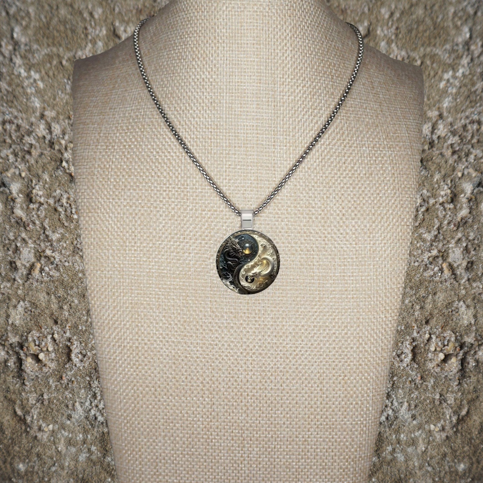 Intricate High Detail 2-D Yin Yang Dragon Pendant, Stainless Steel Chain