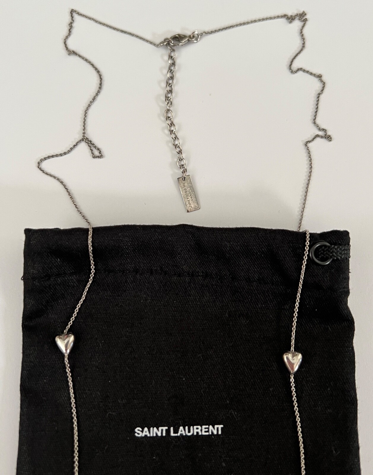 NWT Saint Laurent YSL Triple Heart Charm Silver Long Brass Chain Necklace $695