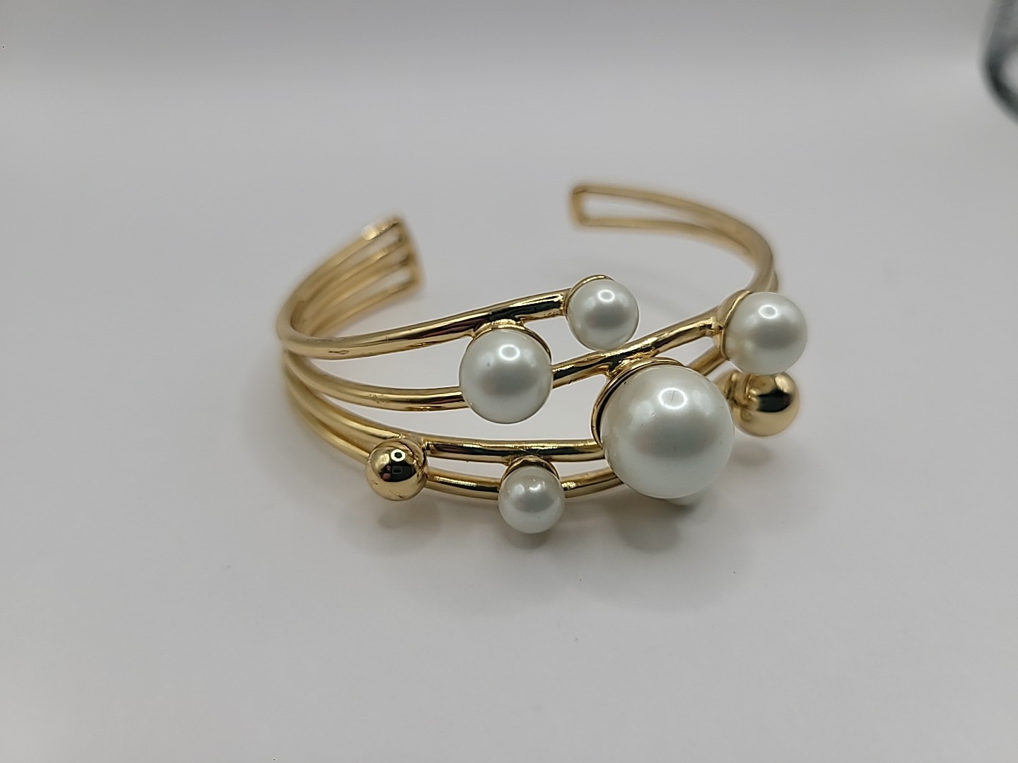 Gold Tone Faux Pearl Cuff Bracelet Multi Strand Open Bangle Statement Elegant