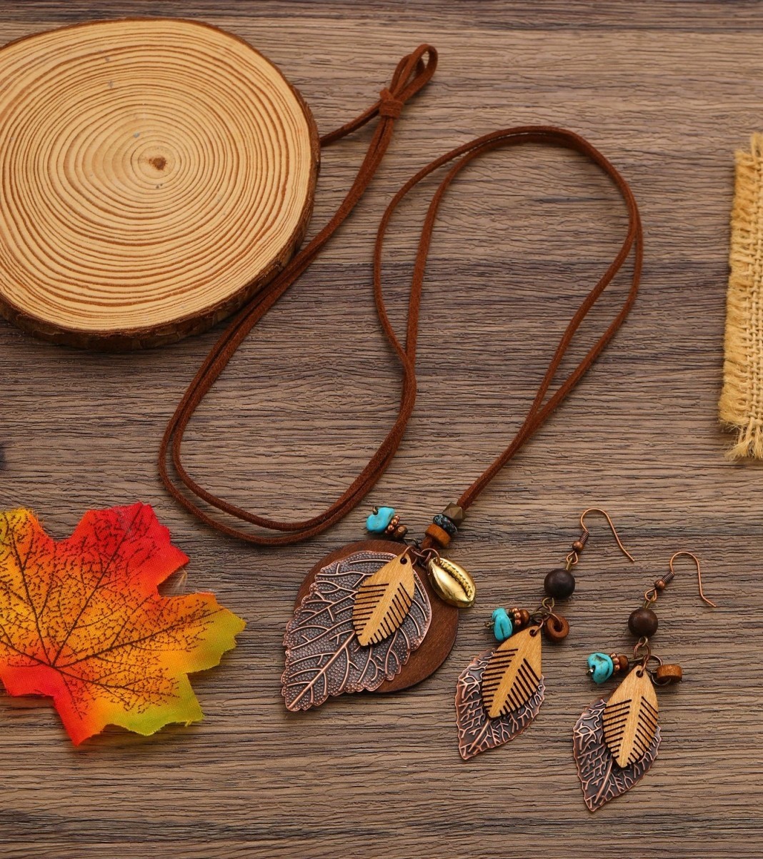 Vintage Boho Women’s Multi Element Wood+Alloy Pendant PU Necklace & Earrings Set