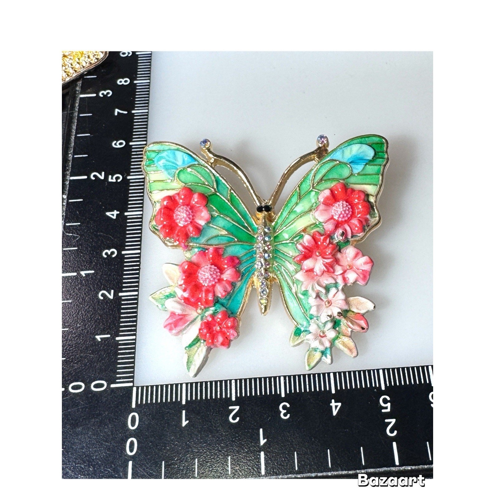 Brooch Butterfly Floral Enameled Bright Spring Colors Ceramic Look Gold Tone2.25