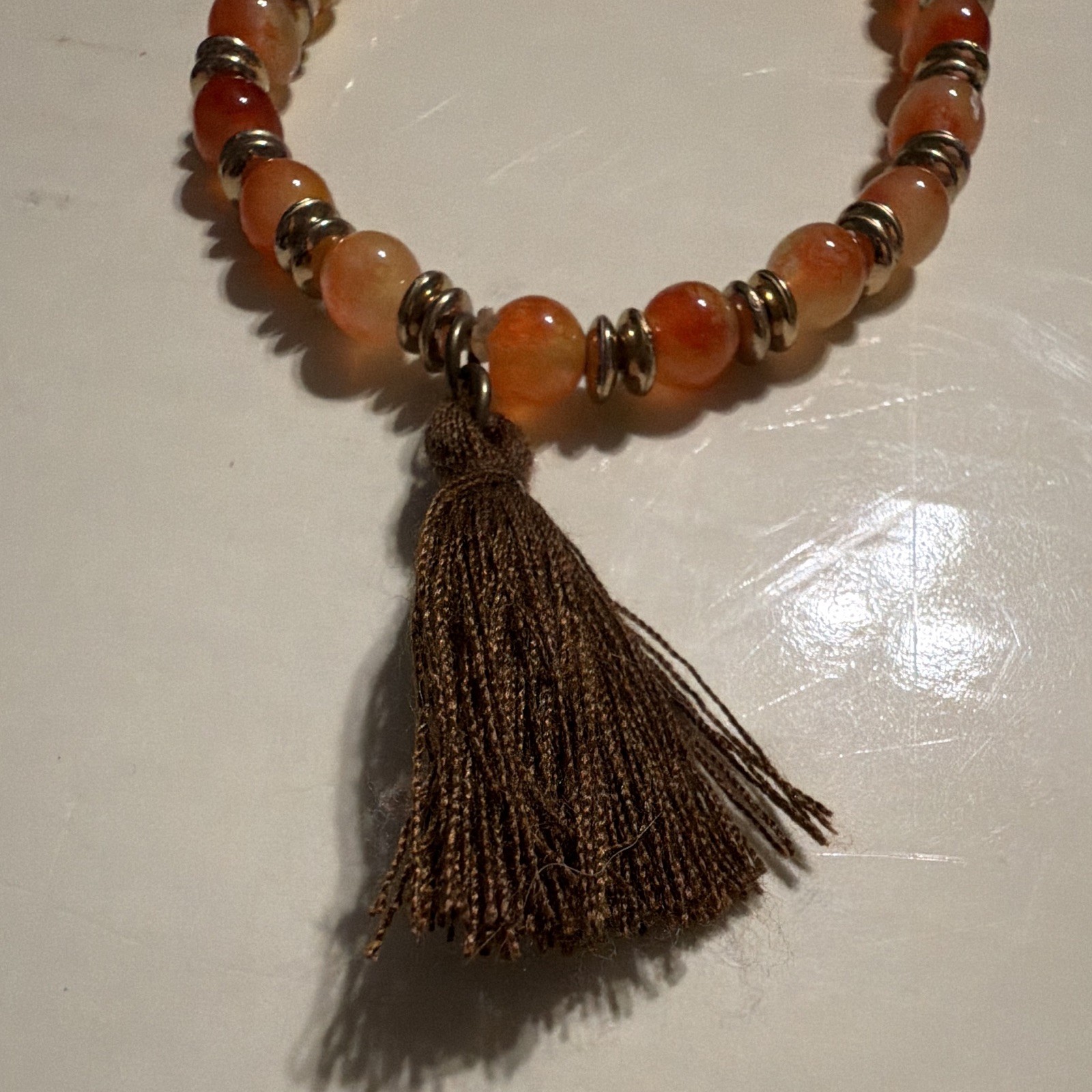 Orange Stone Beaded Stretch Adjustable Bracelet Brown Tassel Dangle Silver