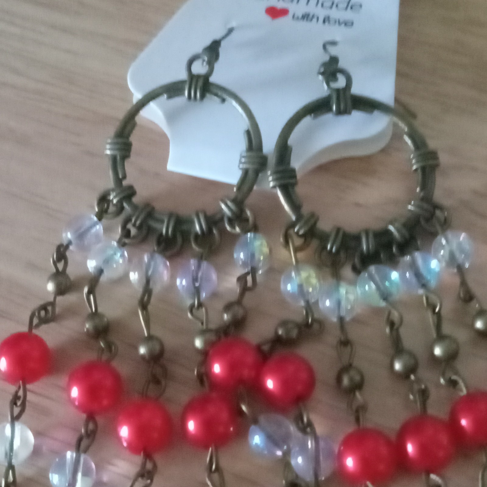 Red Beaded Dangle/Drop Earrings Pair, Metal Plastic, Hook Closure, Lobe