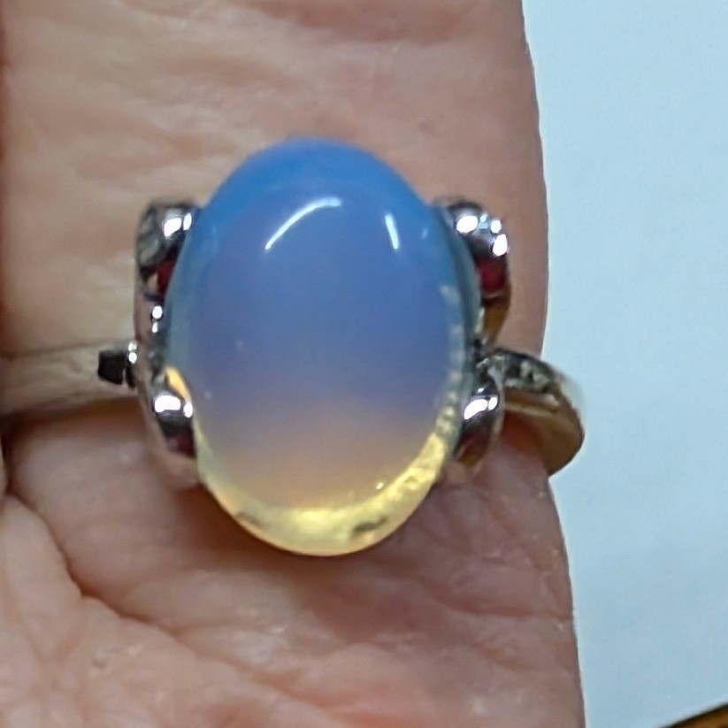 New Opalite Oval Cabochon Big Ring Plus Size 10.5 Blue SilverTone Statement Boho