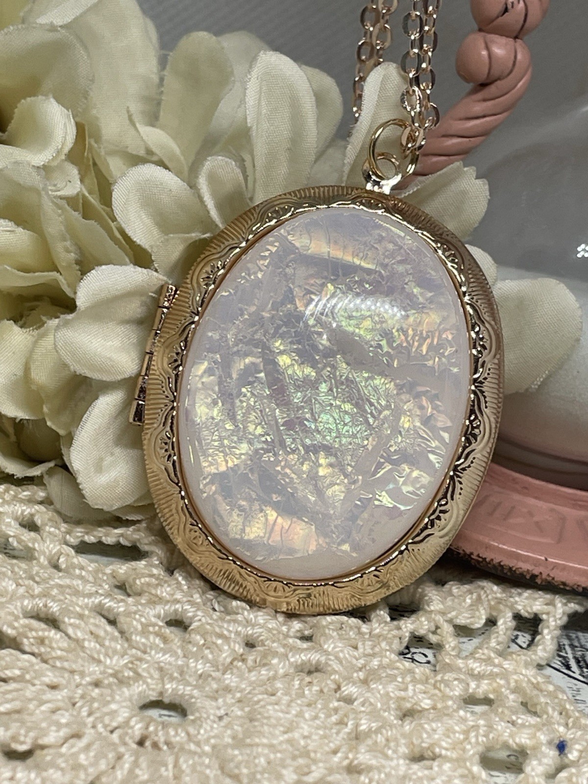 Rose Gold Photo Locket Opal Wedding Necklace Mom Daughter Birthday Anniversary