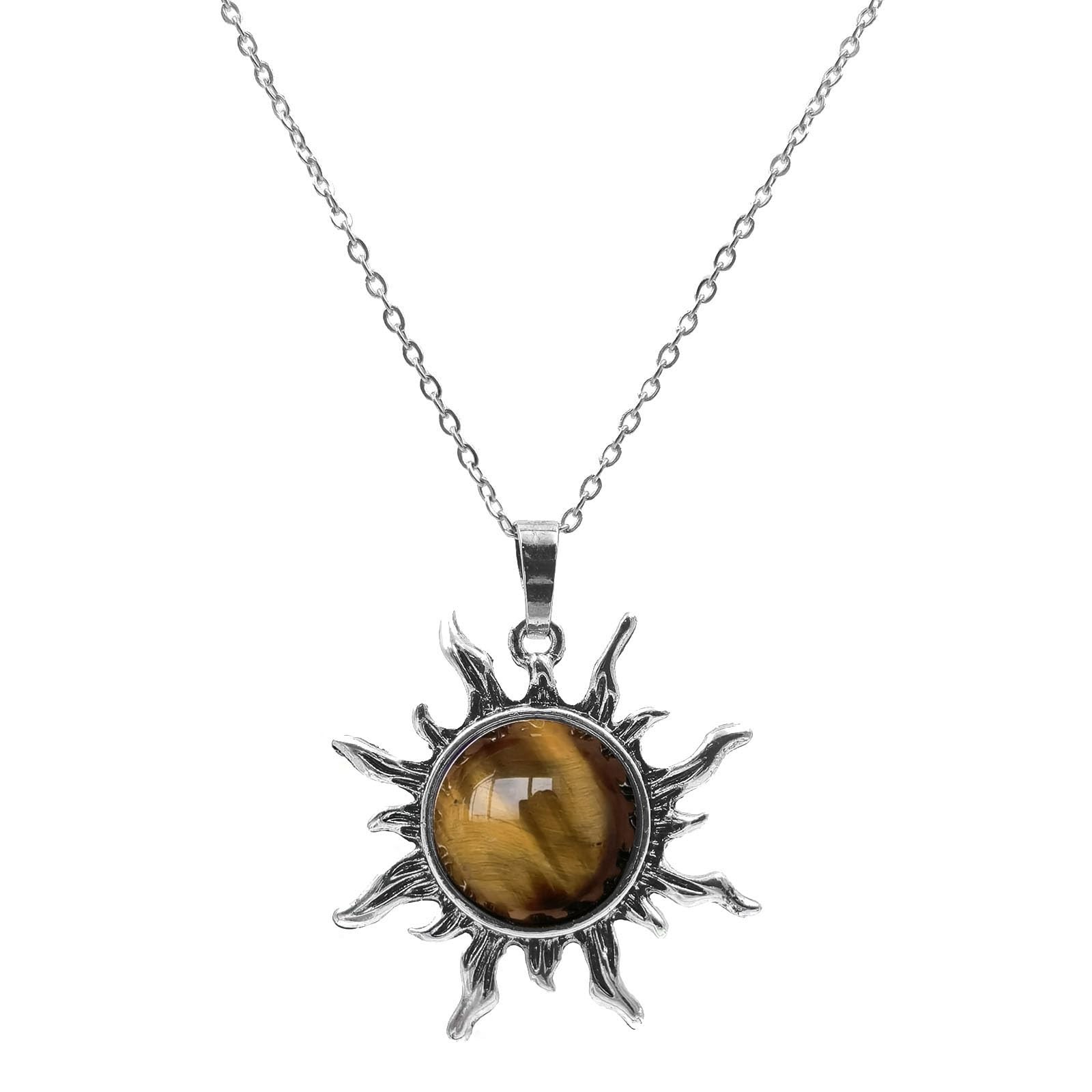 Tiger Eye Necklace, Natural Tiger Eye Stone Sun Pendant Necklace, Handmade He…