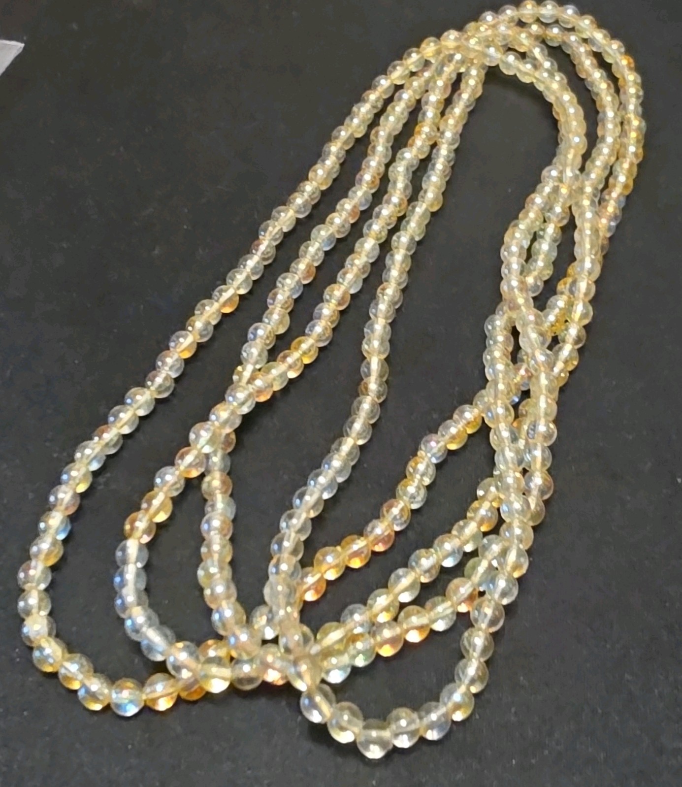 Vtg 60″ Long Iridescent Glass Bead Necklace 4.5mm Flapper Opera Strand Yellow AB