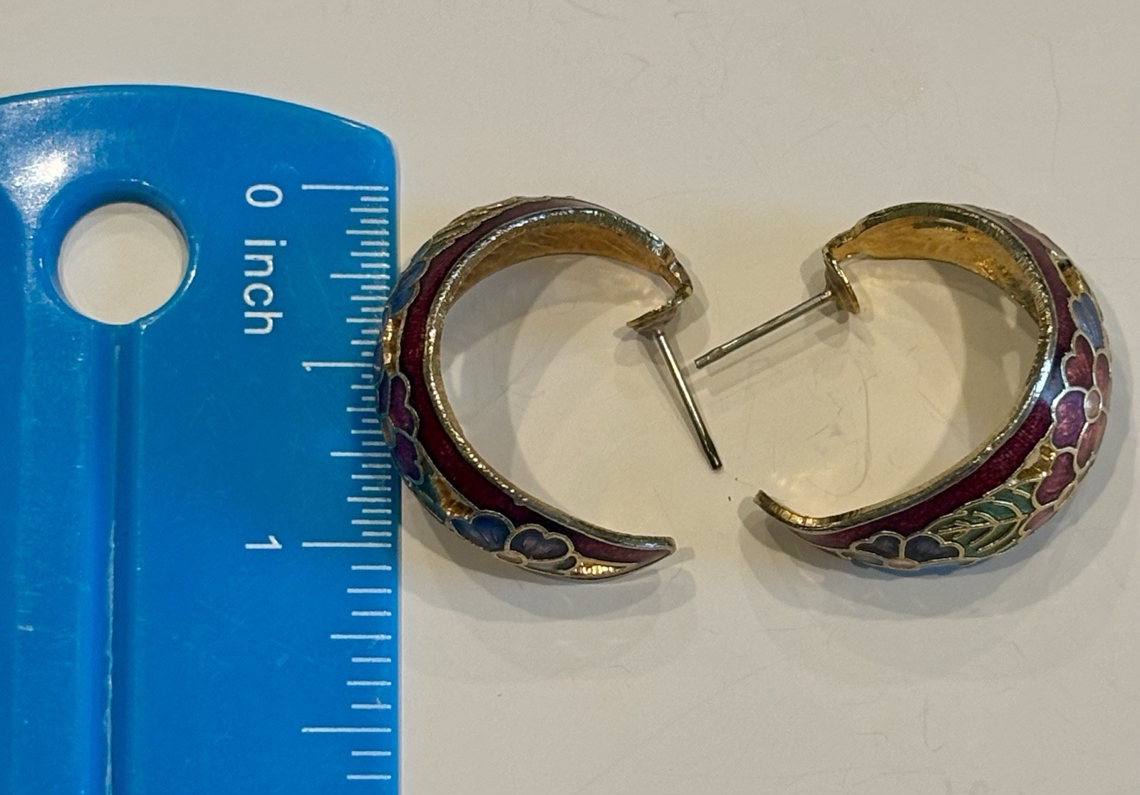 Multicolor Floral Enamelled Hoop Earrings Butterfly Back Pierced Lobe Pair