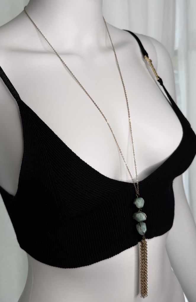 Blue Green Stone Style Tassel Pendant Necklace Gold Tone Long Boho 16.9g