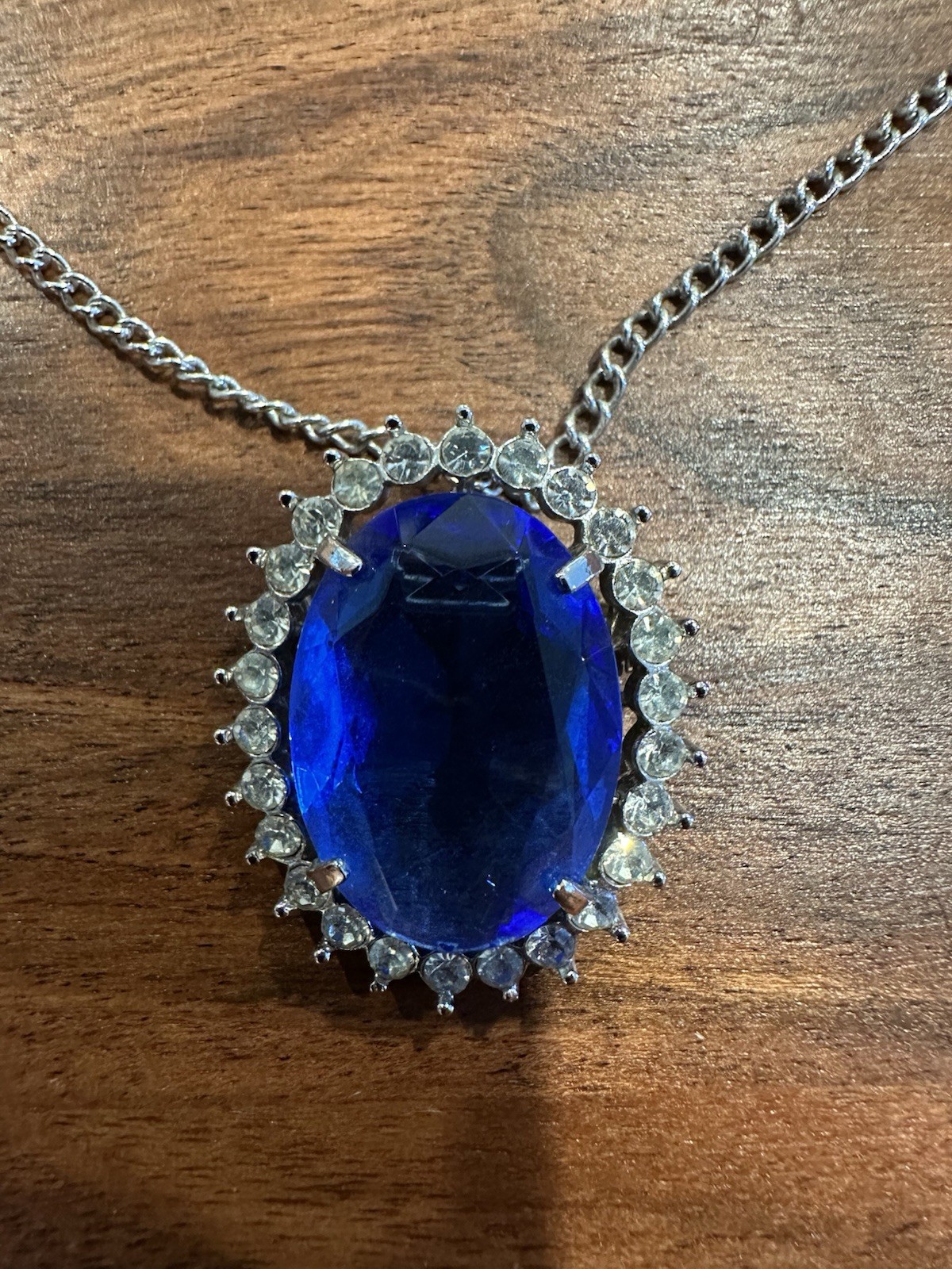 Vintage 1972 Avon Signed Blue Oval Crystal Rhinestone Halo Necklace & Ring.